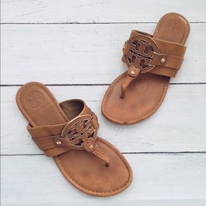 Tory Burch Camel Brown Logo Slip On Sandals size 8